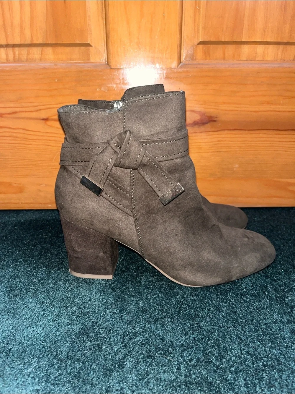 Olive Green Heeled Bootie with Metal & Bow Detail